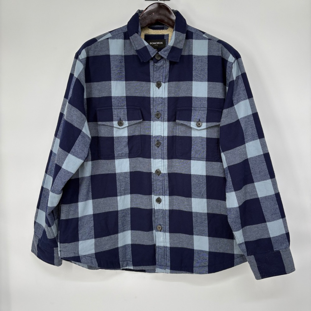 Bonobos Stretch Sherpa Lined Flannel Shirt Jacket XXL Navy Blue Buffalo Plaid